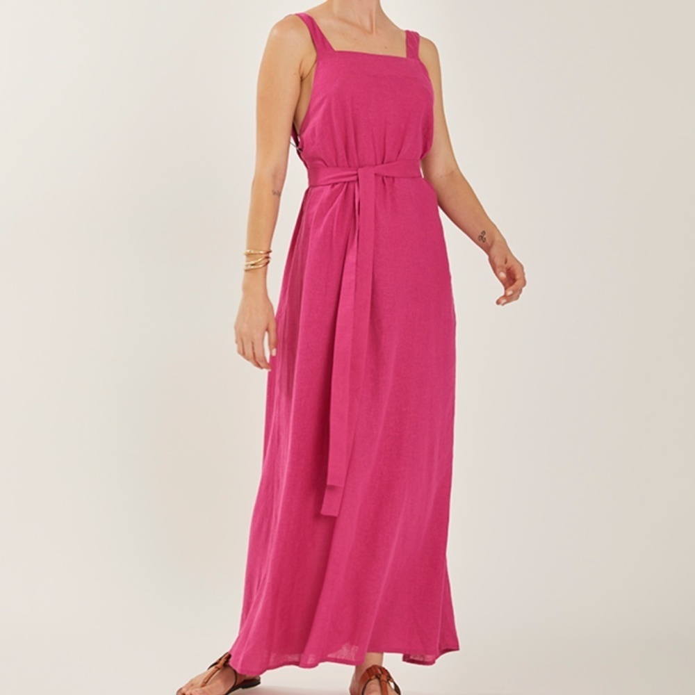 Lenny Niemeyer Carmine Crossed Strap Linen Bend Maxi Dress Magenta Size S NWT